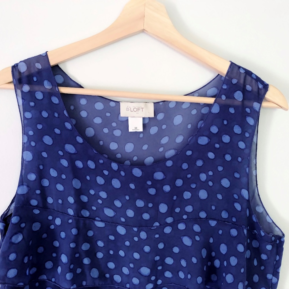 LOFT Blue Sheer Circle Dot Ruffle Shell Top Blouse